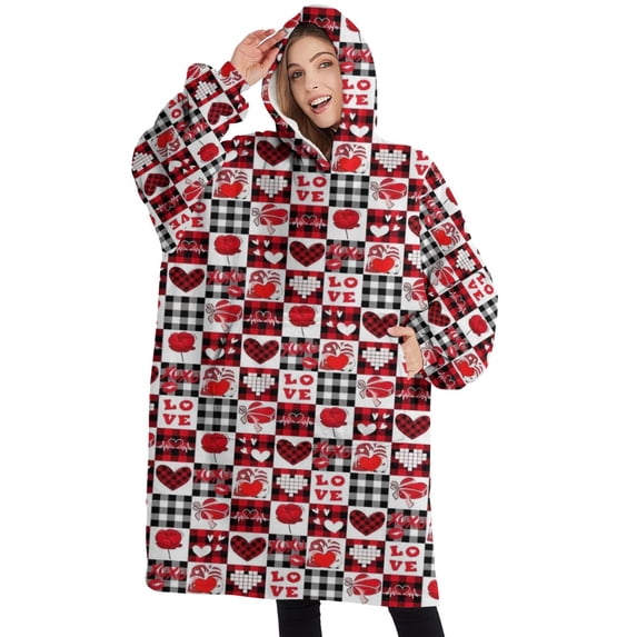 Oversized Wearable Blanket Hoodie,Red and Black Christmas Love Pattern Sherpa Blanket Hoodie with Super Pockets,Super Warm Fuzzy Pullover for Women & Men