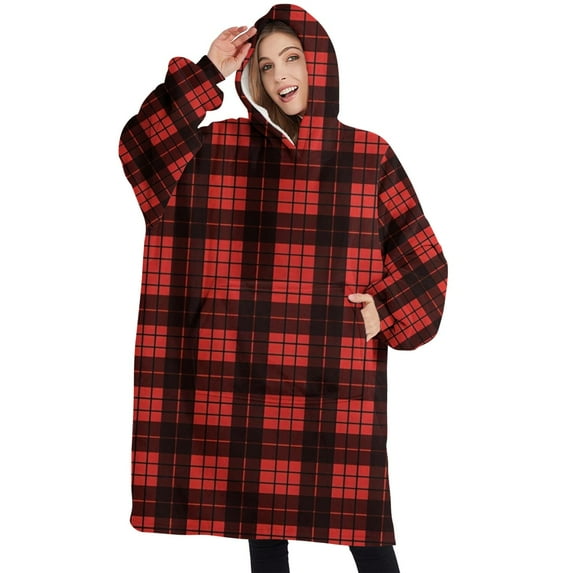 Oversized Wearable Blanket Hoodie,Red and Black Christmas Plaid Pattern Sherpa Blanket Hoodie with Super Pockets,Super Warm Fuzzy Pullover for Women & Men