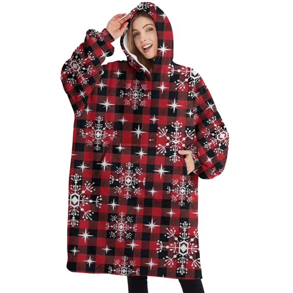 Oversized Wearable Blanket Hoodie,Red and Black Christmas Snowflake Pattern Sherpa Blanket Hoodie with Super Pockets,Super Warm Fuzzy Pullover for Women & Men