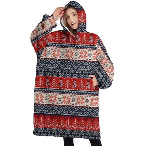 Oversized Wearable Blanket Hoodie,Red and Blue Christmas Knitted Pattern Sherpa Blanket Hoodie with Super Pockets,Super Warm Fuzzy Pullover for Women & Men