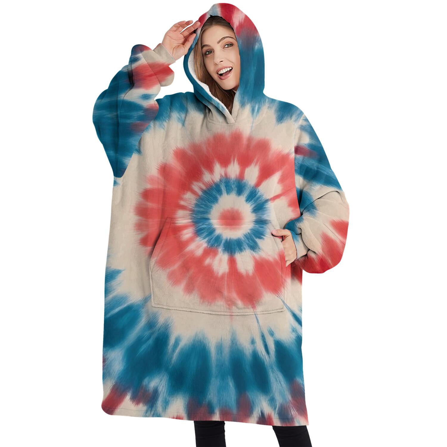 Oversized Wearable Blanket Hoodie,Red Blue Tie Dye Flower Sherpa Blanket Hoodie with Super Pockets,Super Warm Fuzzy Pullover for Women & Men