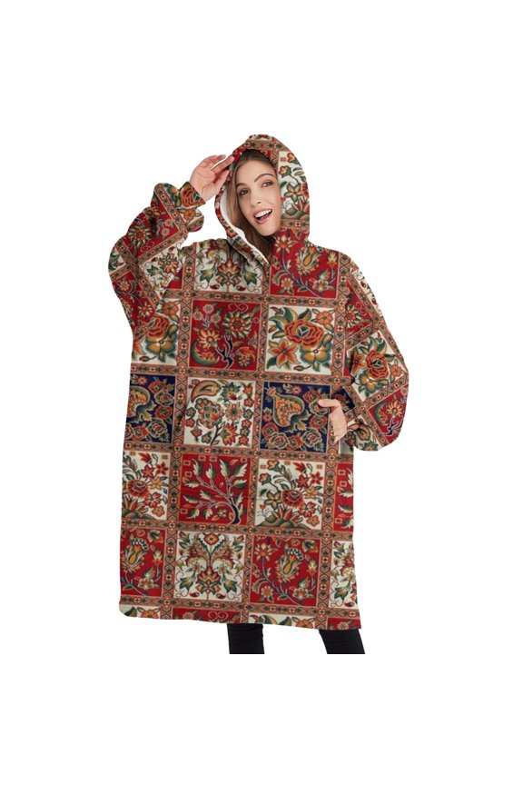 Oversized Wearable Blanket Hoodie,Red Boho Ethnic Floral Patchwork Pattern Sherpa Blanket Hoodie with Super Pockets,Super Warm Fuzzy Pullover for Women & Men