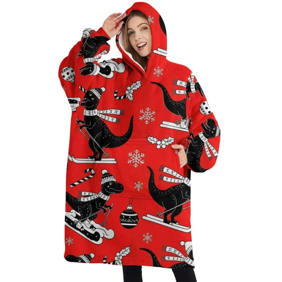 Oversized Wearable Blanket Hoodie,Red Cartoon Dinosaurs Skiing Pattern Sherpa Blanket Hoodie with Super Pockets,Super Warm Fuzzy Pullover for Women & Men