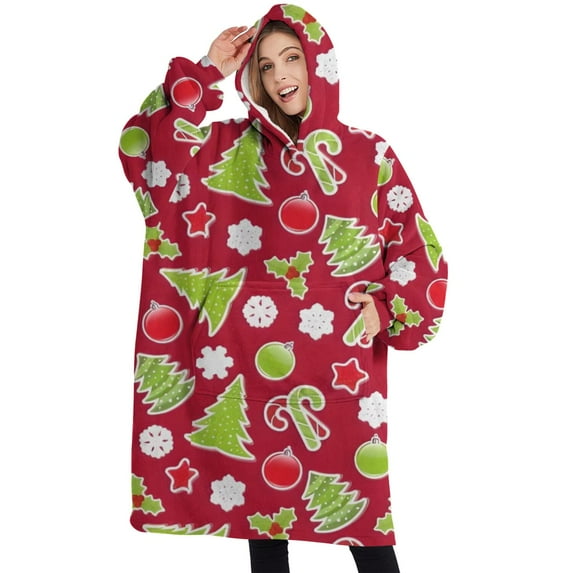 Oversized Wearable Blanket Hoodie,Red Christmas Decoration Pattern Sherpa Blanket Hoodie with Super Pockets,Super Warm Fuzzy Pullover for Women & Men