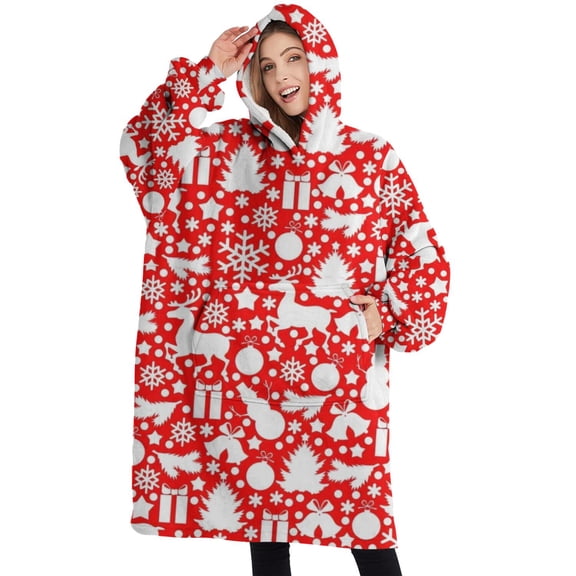 Oversized Wearable Blanket Hoodie,Red Christmas Deer and Gift Pattern Sherpa Blanket Hoodie with Super Pockets,Super Warm Fuzzy Pullover for Women & Men