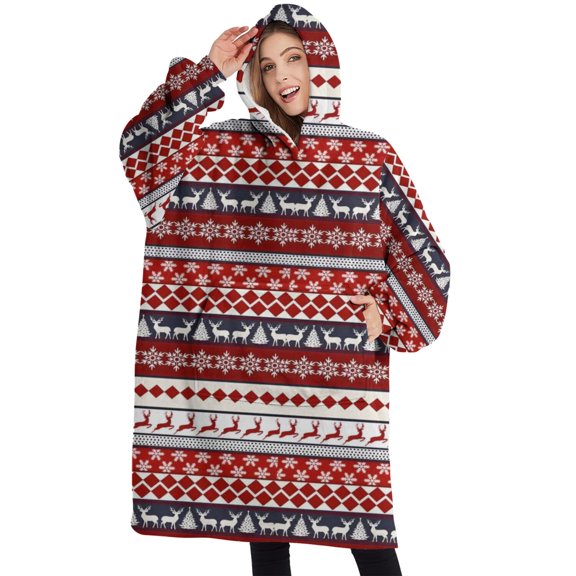 Oversized Wearable Blanket Hoodie,Red Christmas Deer and Tree Pattern Sherpa Blanket Hoodie with Super Pockets,Super Warm Fuzzy Pullover for Women & Men