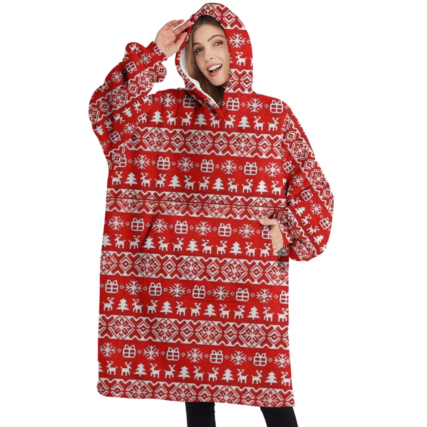 Oversized Wearable Blanket Hoodie,Red Christmas Folk Pattern Sherpa Blanket Hoodie with Super Pockets,Super Warm Fuzzy Pullover for Women & Men