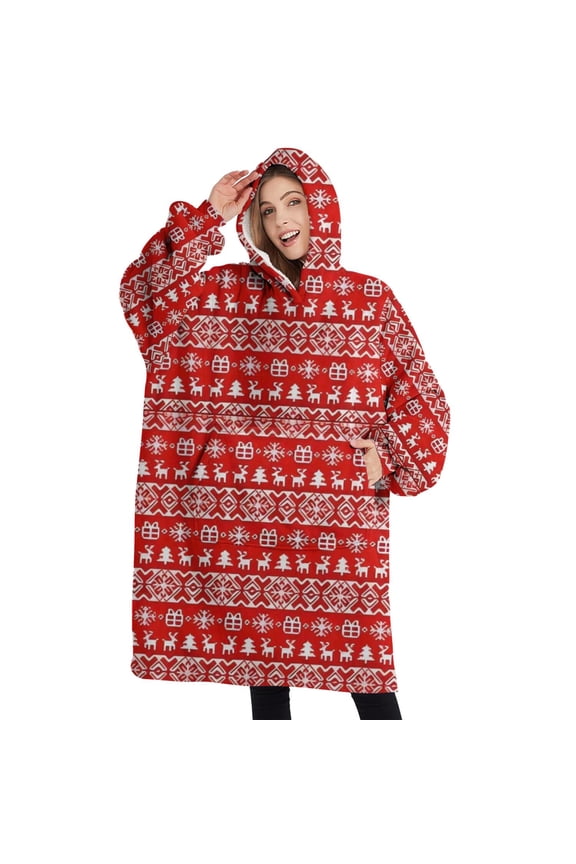 Oversized Wearable Blanket Hoodie,Red Christmas Folk Pattern Sherpa Blanket Hoodie with Super Pockets,Super Warm Fuzzy Pullover for Women & Men