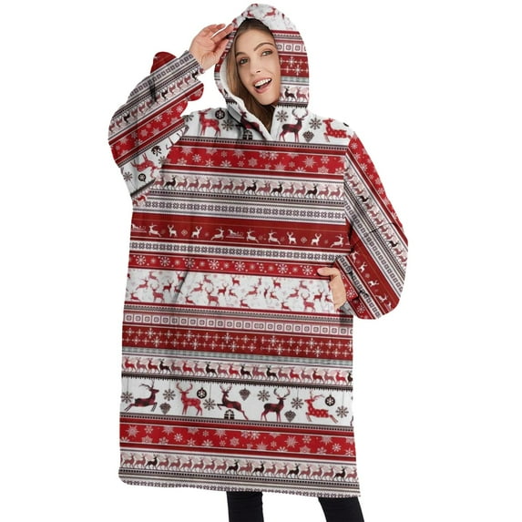 Oversized Wearable Blanket Hoodie,Red Christmas Folk Pattern Sherpa Blanket Hoodie with Super Pockets,Super Warm Fuzzy Pullover for Women & Men