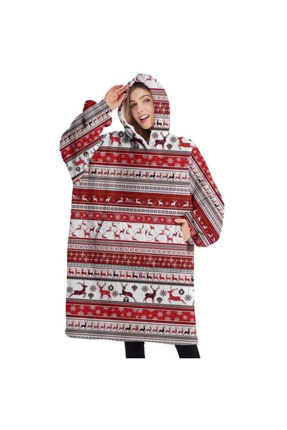 Oversized Wearable Blanket Hoodie,Red Christmas Folk Pattern Sherpa Blanket Hoodie with Super Pockets,Super Warm Fuzzy Pullover for Women & Men