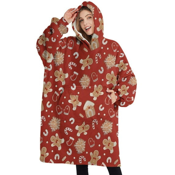 Oversized Wearable Blanket Hoodie,Red Christmas Gingerbread and Mitten Pattern Sherpa Blanket Hoodie with Super Pockets,Super Warm Fuzzy Pullover for Women & Men