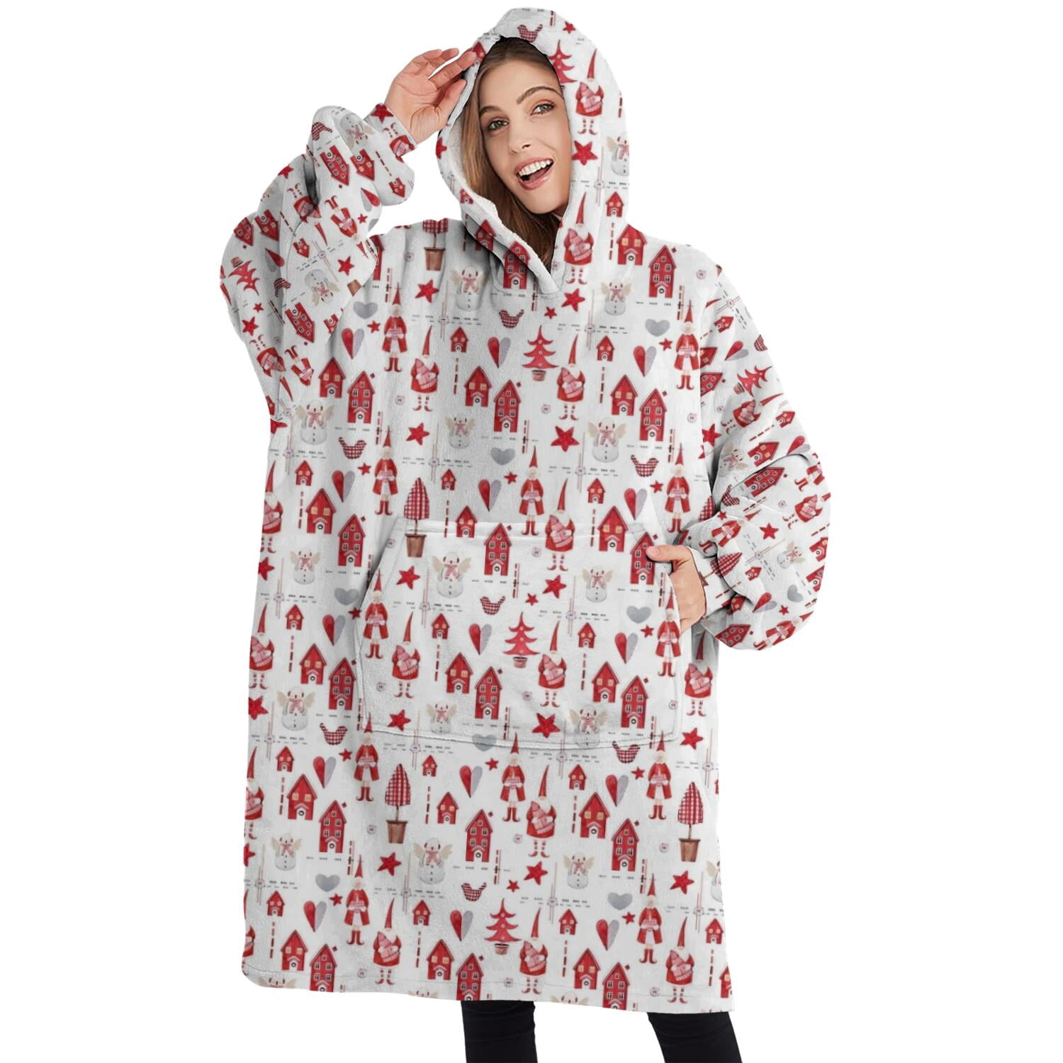 Oversized Wearable Blanket Hoodie,Red Christmas House and Tree Pattern Sherpa Blanket Hoodie with Super Pockets,Super Warm Fuzzy Pullover for Women & Men