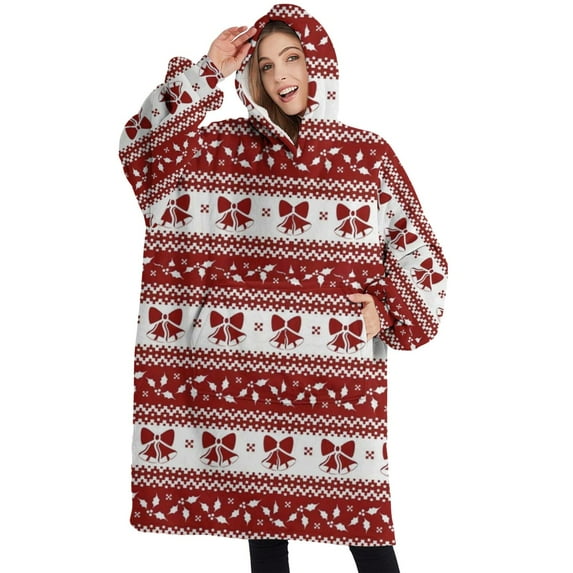 Oversized Wearable Blanket Hoodie,Red Christmas Knitted Pattern Sherpa Blanket Hoodie with Super Pockets,Super Warm Fuzzy Pullover for Women & Men