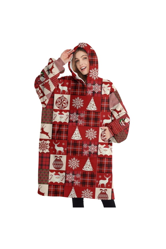 Oversized Wearable Blanket Hoodie,Red Christmas Patchwork Pattern Sherpa Blanket Hoodie with Super Pockets,Super Warm Fuzzy Pullover for Women & Men