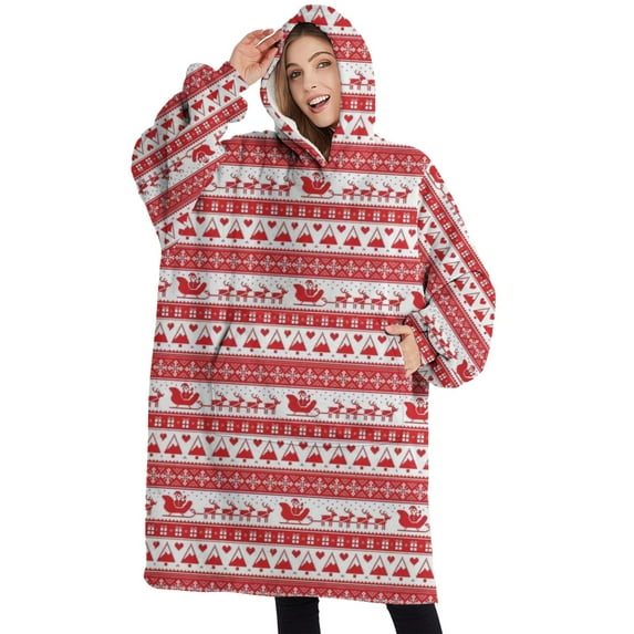 Oversized Wearable Blanket Hoodie,Red Christmas Pattern Sherpa Blanket Hoodie with Super Pockets,Super Warm Fuzzy Pullover for Women & Men