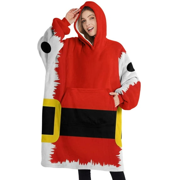 Oversized Wearable Blanket Hoodie,Red Christmas Santa Costume Pattern Sherpa Blanket Hoodie with Super Pockets,Super Warm Fuzzy Pullover for Women & Men