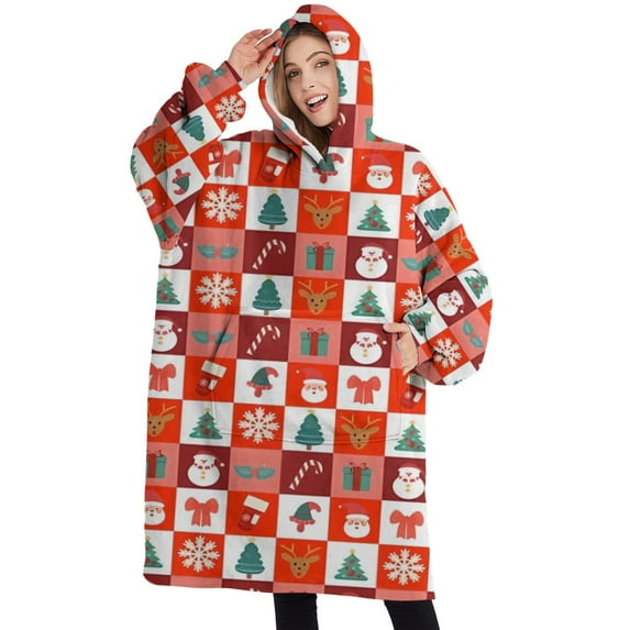 Oversized Wearable Blanket Hoodie,Red Christmas Santa, Tree and Snowflake Pattern Sherpa Blanket Hoodie with Super Pockets,Super Warm Fuzzy Pullover for Women & Men