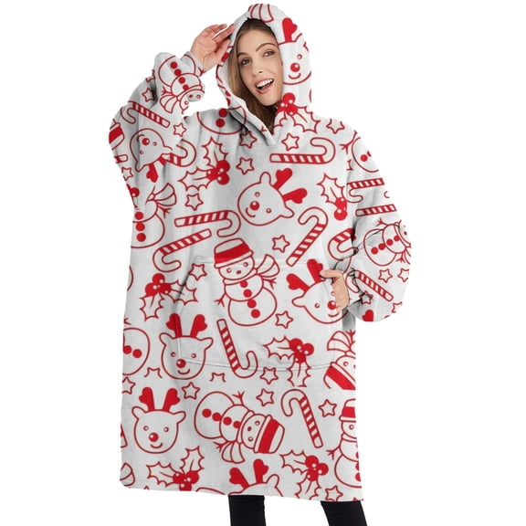 Oversized Wearable Blanket Hoodie,Red Christmas Snowman Pattern Sherpa Blanket Hoodie with Super Pockets,Super Warm Fuzzy Pullover for Women & Men