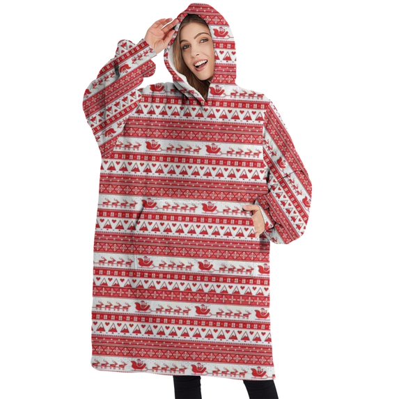 Oversized Wearable Blanket Hoodie,Red Christmas Striped Pattern (2) Sherpa Blanket Hoodie with Super Pockets,Super Warm Fuzzy Pullover for Women & Men