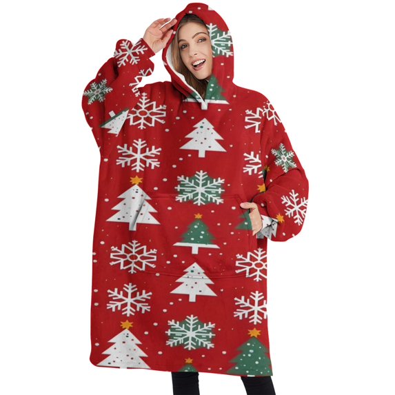 Oversized Wearable Blanket Hoodie,Red Christmas Tree and Snowflake Pattern Sherpa Blanket Hoodie with Super Pockets,Super Warm Fuzzy Pullover for Women & Men