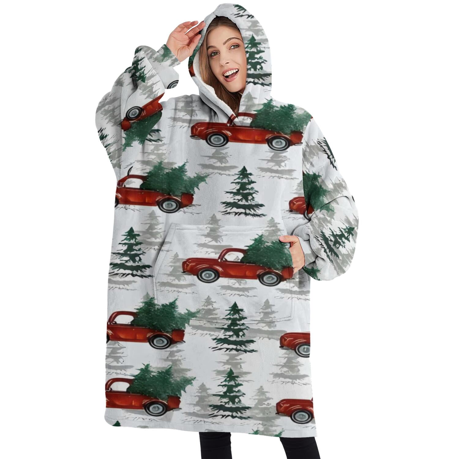 Oversized Wearable Blanket Hoodie,Red Christmas Truck and Tree Pattern Sherpa Blanket Hoodie with Super Pockets,Super Warm Fuzzy Pullover for Women & Men