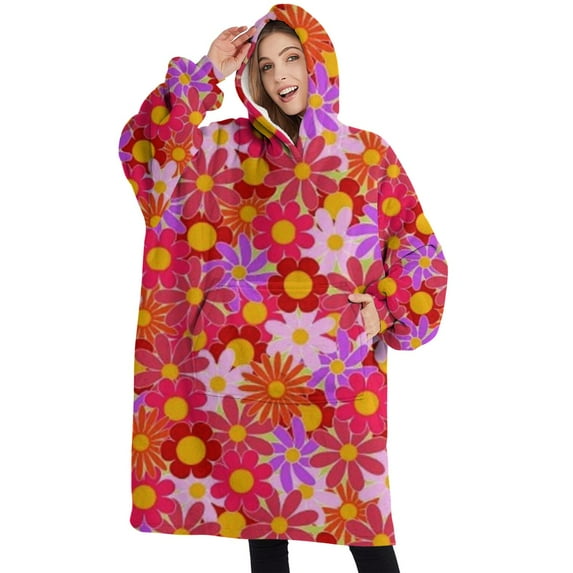 Oversized Wearable Blanket Hoodie,Red Daisy Flower Retro Pattern Sherpa Blanket Hoodie with Super Pockets,Super Warm Fuzzy Pullover for Women & Men