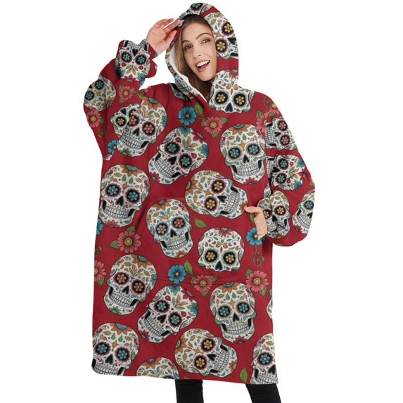 Oversized Wearable Blanket Hoodie,Red Flower Skull Pattern Sherpa Blanket Hoodie with Super Pockets,Super Warm Fuzzy Pullover for Women & Men