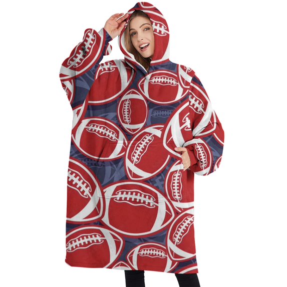 Oversized Wearable Blanket Hoodie,Red Footballs on Blue Pattern Sherpa Blanket Hoodie with Super Pockets,Super Warm Fuzzy Pullover for Women & Men
