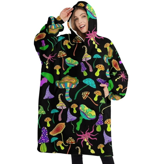 Oversized Wearable Blanket Hoodie,Red Mushroom Black Pattern Sherpa Blanket Hoodie with Super Pockets,Super Warm Fuzzy Pullover for Women & Men