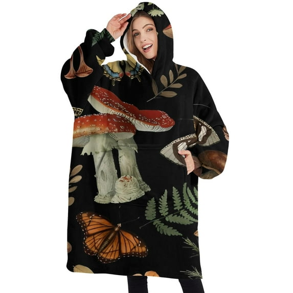 Oversized Wearable Blanket Hoodie,Red Mushroom Butterfly Black Pattern Sherpa Blanket Hoodie with Super Pockets,Super Warm Fuzzy Pullover for Women & Men