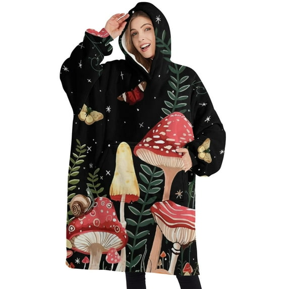 Oversized Wearable Blanket Hoodie,Red Mushroom Butterfly Black Pattern Sherpa Blanket Hoodie with Super Pockets,Super Warm Fuzzy Pullover for Women & Men