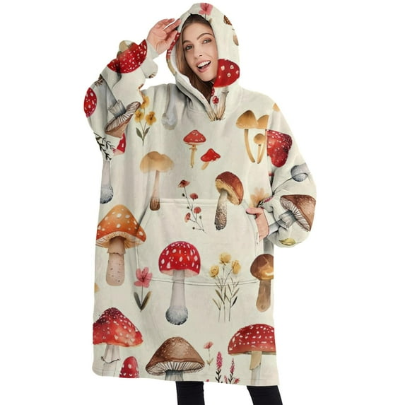 Oversized Wearable Blanket Hoodie,Red Mushroom Floral Light Beige Pattern Sherpa Blanket Hoodie with Super Pockets,Super Warm Fuzzy Pullover for Women & Men