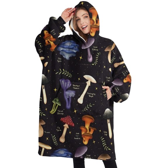 Oversized Wearable Blanket Hoodie,Red Mushroom Flower Black Pattern Sherpa Blanket Hoodie with Super Pockets,Super Warm Fuzzy Pullover for Women & Men