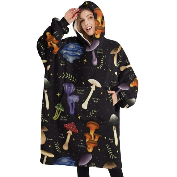 Oversized Wearable Blanket Hoodie,Red Mushroom Flower Black Pattern Sherpa Blanket Hoodie with Super Pockets,Super Warm Fuzzy Pullover for Women & Men