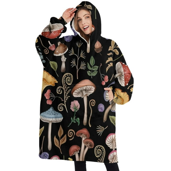Oversized Wearable Blanket Hoodie,Red Mushroom Flower Black Pattern Sherpa Blanket Hoodie with Super Pockets,Super Warm Fuzzy Pullover for Women & Men