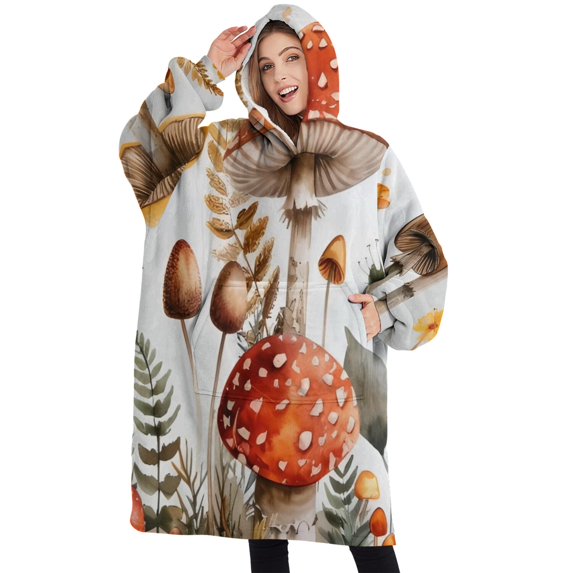 Oversized Wearable Blanket Hoodie,Red Mushroom Flower White Pattern Sherpa Blanket Hoodie with Super Pockets,Super Warm Fuzzy Pullover for Women & Men