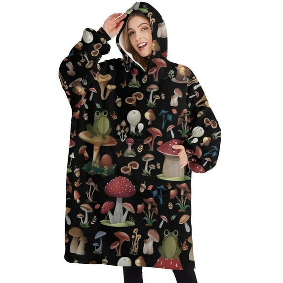 Oversized Wearable Blanket Hoodie,Red Mushroom Frog Black Pattern Sherpa Blanket Hoodie with Super Pockets,Super Warm Fuzzy Pullover for Women & Men