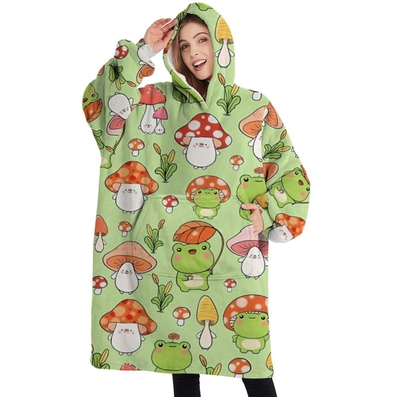 Oversized Wearable Blanket Hoodie,Red Mushroom Frog Green Pattern Sherpa Blanket Hoodie with Super Pockets,Super Warm Fuzzy Pullover for Women & Men