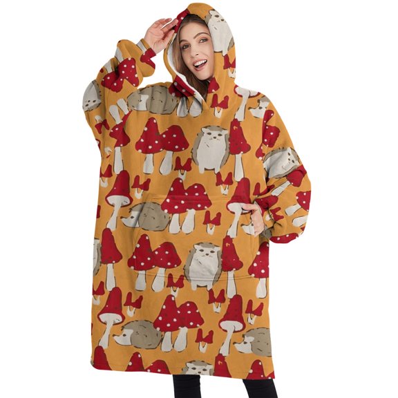 Oversized Wearable Blanket Hoodie,Red Mushroom Hedgehog Orange Pattern Sherpa Blanket Hoodie with Super Pockets,Super Warm Fuzzy Pullover for Women & Men