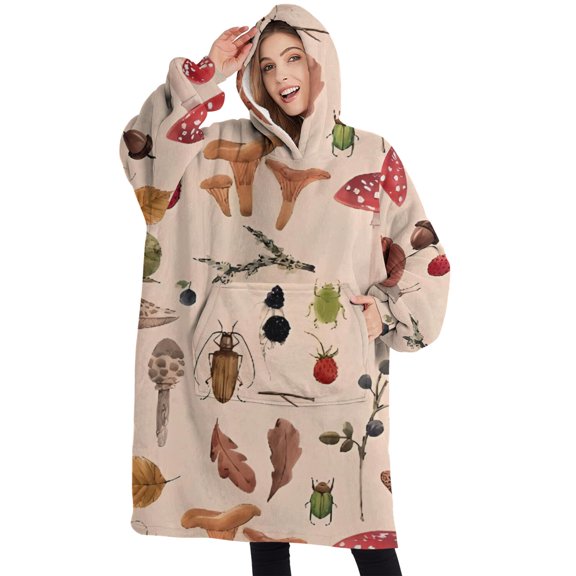 Oversized Wearable Blanket Hoodie,Red Mushroom Insect Light Pattern Sherpa Blanket Hoodie with Super Pockets,Super Warm Fuzzy Pullover for Women & Men