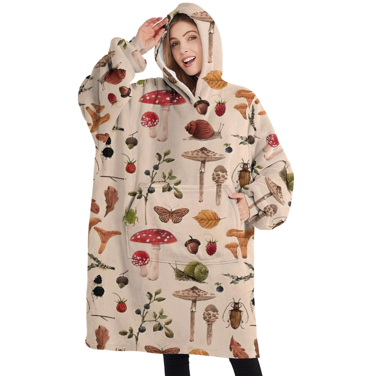 Oversized Wearable Blanket Hoodie,Red Mushroom Insect Light Pattern Sherpa Blanket Hoodie with Super Pockets,Super Warm Fuzzy Pullover for Women & Men