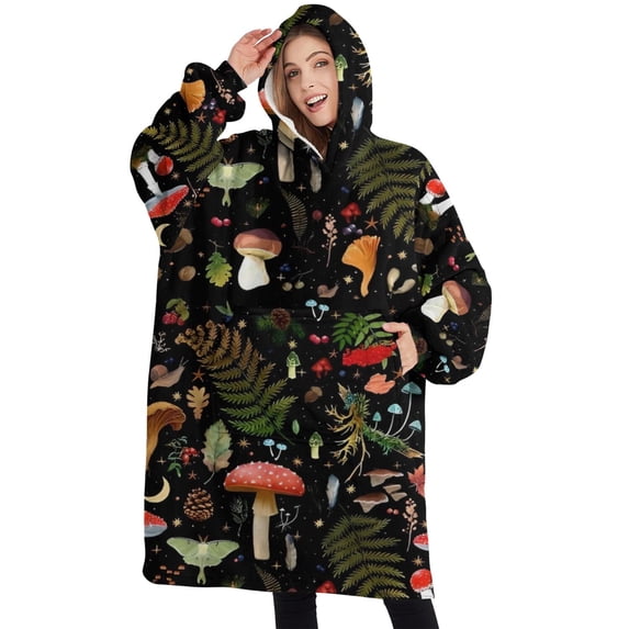 Oversized Wearable Blanket Hoodie,Red Mushroom Leaf Black Pattern Sherpa Blanket Hoodie with Super Pockets,Super Warm Fuzzy Pullover for Women & Men