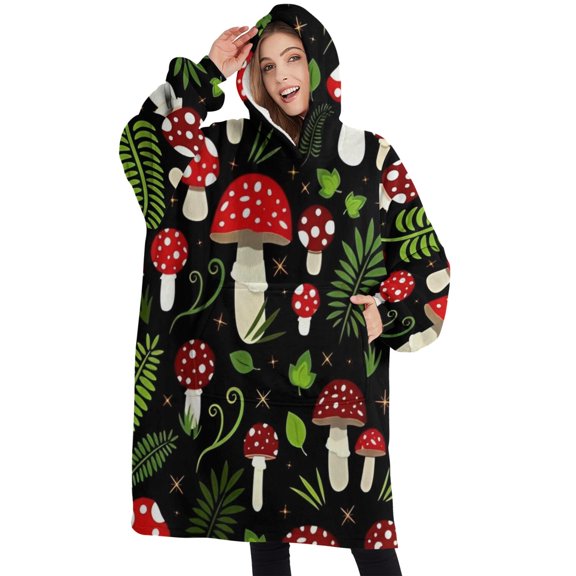 Oversized Wearable Blanket Hoodie,Red Mushroom Leaf Black Pattern Sherpa Blanket Hoodie with Super Pockets,Super Warm Fuzzy Pullover for Women & Men