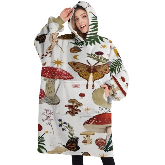 Oversized Wearable Blanket Hoodie,Red Mushroom Nature White Pattern Sherpa Blanket Hoodie with Super Pockets,Super Warm Fuzzy Pullover for Women & Men