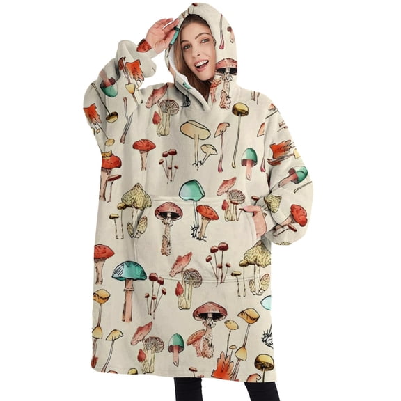 Oversized Wearable Blanket Hoodie,Red Mushroom Plant Light Pattern Sherpa Blanket Hoodie with Super Pockets,Super Warm Fuzzy Pullover for Women & Men