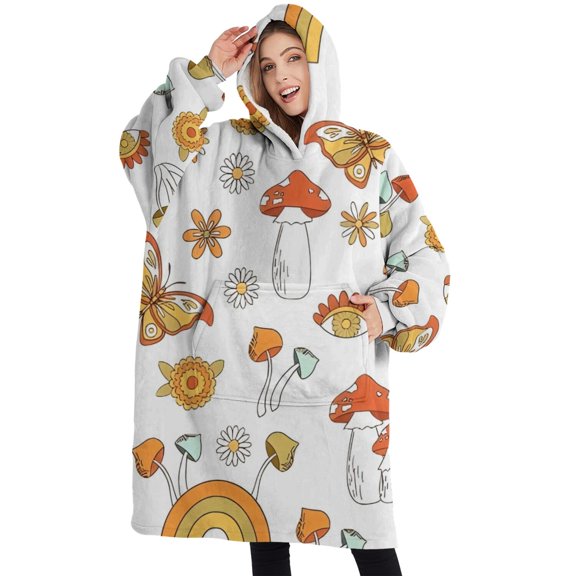 Oversized Wearable Blanket Hoodie,Red Mushroom Rainbow White Pattern Sherpa Blanket Hoodie with Super Pockets,Super Warm Fuzzy Pullover for Women & Men