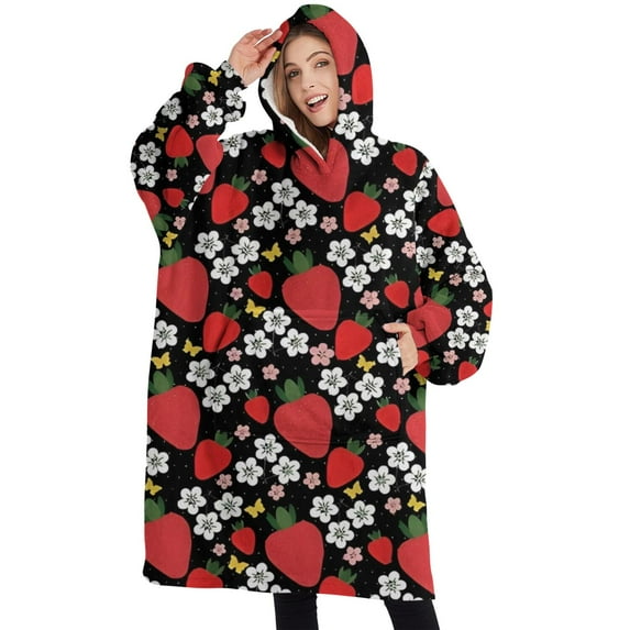 Oversized Wearable Blanket Hoodie,Red Strawberry Plants Flower Black Pattern Sherpa Blanket Hoodie with Super Pockets,Super Warm Fuzzy Pullover for Women & Men
