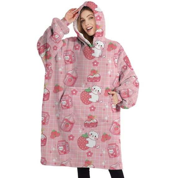 Oversized Wearable Blanket Hoodie,Red Strawberry Plants Fruit Cat Sherpa Blanket Hoodie with Super Pockets,Super Warm Fuzzy Pullover for Women & Men