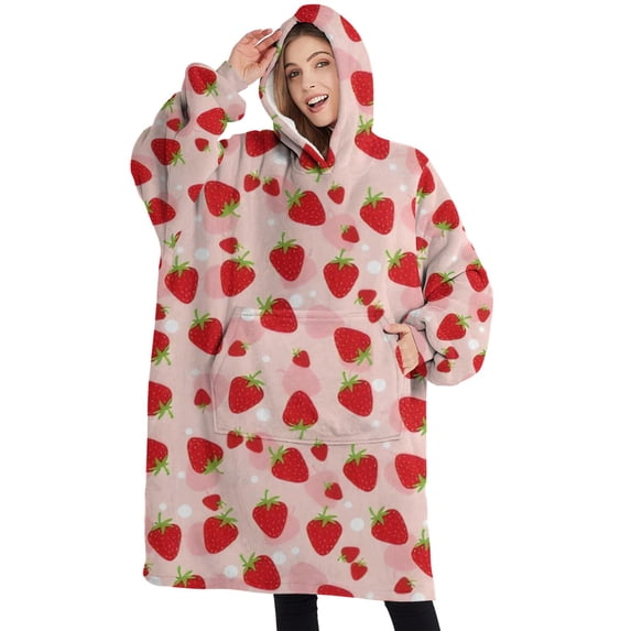 Oversized Wearable Blanket Hoodie,Red Strawberry Plants Fruit Dot Pink Pattern Sherpa Blanket Hoodie with Super Pockets,Super Warm Fuzzy Pullover for Women & Men