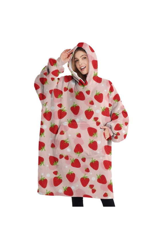 Oversized Wearable Blanket Hoodie,Red Strawberry Plants Fruit Dot Pink Pattern Sherpa Blanket Hoodie with Super Pockets,Super Warm Fuzzy Pullover for Women & Men